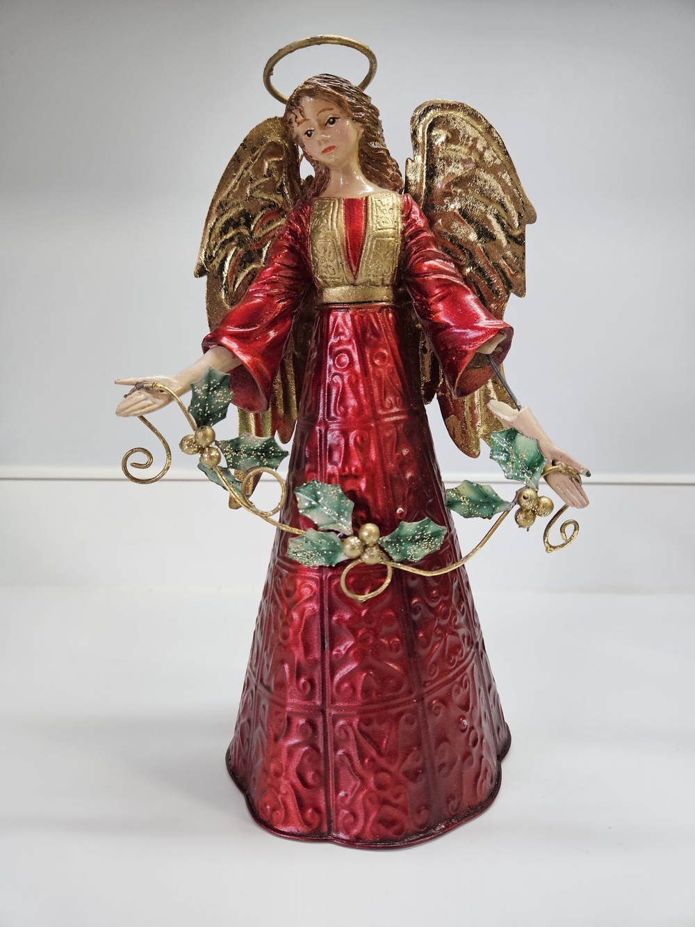 VINTAGE Handmade Red & Gold Angel Tin Ornament Tree Topper Table Decor Christmas